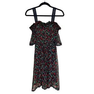 The‎ Kooples Off Shoulder Black Rose Print Dress Elastic Waist Women’s Size 2